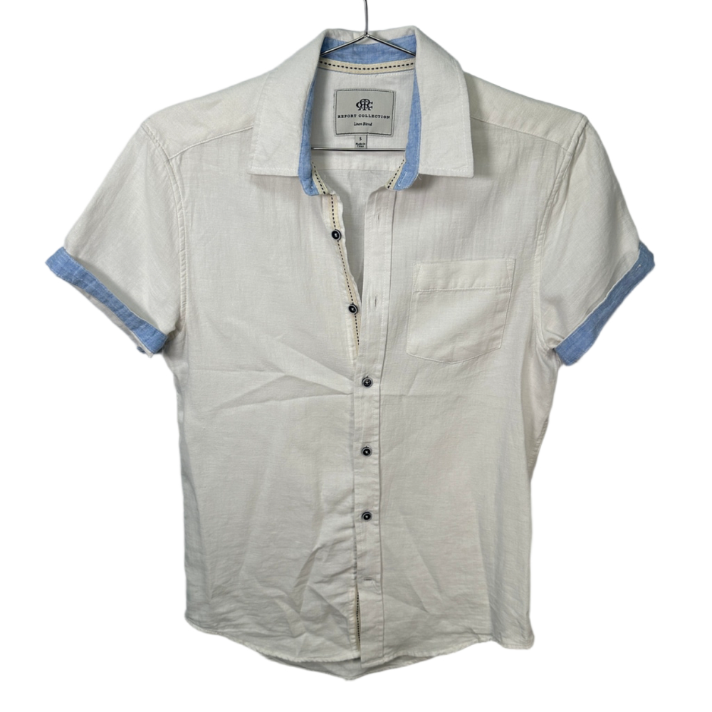 Linen Blend White Short Sleeve Button Up Shirt Small